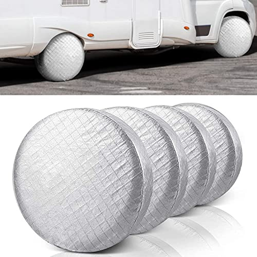 UCARE Däckskydd, 4 st däckskydd vattentät dammtät aluminiumfilm anti-UV däck reservhjulskydd med krokar för bil husbil SUV lastbil släpvagn, passar 76–81 cm däckdiameter/silver
