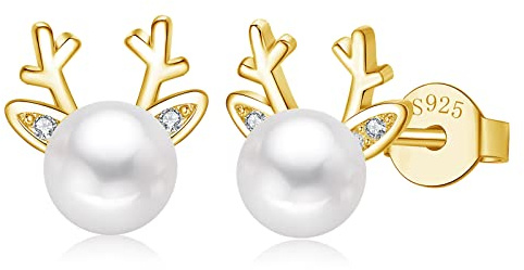 Josfeva Silber Weihnachten Ohrringe Damen, 925 Sterling Silber Weihnachts Ohrstecker, Schneeflocke Elch Perle Ohrstecker Silber für Damen, 10mm Silber Schlafen Ohrstecker zum Winter Weihnachten
