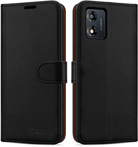 iCatchy Funda de piel tipo cartera para Motorola Moto E13 con función atril y ranuras para tarjetas y soporte para Motorola Moto E13 (negro)