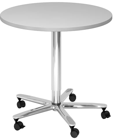 bümö Säulenhubtisch höhenverstellbar, Stehtisch Büro, Bistrotisch rund 80 x 80 cm - Besprechungstisch grau, Stehtisch Holz-Platte, Säule aus Metall verchromt, Säulentisch, Hochtisch