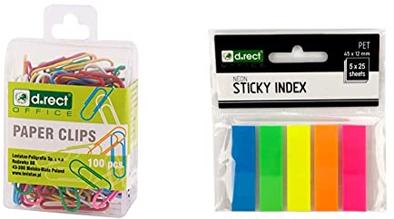 D.RECT 7129 farbige Büroklammern 28mm 100 Stück in Kunststoffbox & 800084 Haftstreifen Pagemarker Index Haftmarker Film Textstreifen PET-Folie 45x12mm 5x25 Stück Streifen