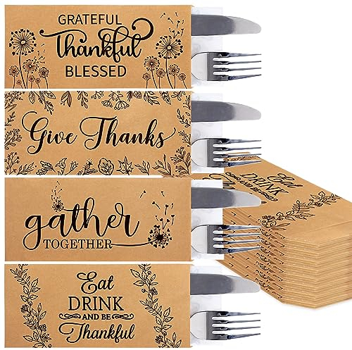Whaline Bestecktaschen aus Kraftpapier, rustikales Bauernhaus-Design, Besteckbeutel, Herbstutensilienhalter, wiederverwendbar, für Thanksgiving, Tischdekoration, Herbst, Ernte, Partyzubehör, 100 Stück