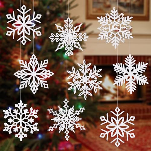 Weihnachten Schneeflocken Deko, ACTOYS 24 Stück Schneeflocken Weihnachtsbaum, Schneeflocken zum Aufhängen, 10 cm Schneeflocken Kunststoff, mit 8m Seil, Schneeflocken Anhänger Weiß