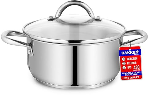 Stainless Steel Stockpot with Tempered Glass Lid 3 Quart, Durable 18/0 Stainless Steel, Impact-Bonded Base for Even Heating, Riveted Handles, Oven & All Stove Compatible, Safe Up To 500°F (260°C)