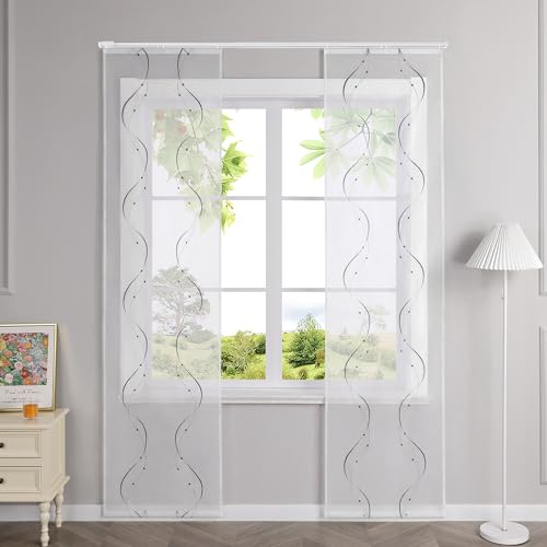 HeichkelL Schiebegardinen mit Klettband Transparent Schiebevorhänge Flächenvorhänge mit Wellen Stickerei 2er Set Gardinenschal Grau BxH 57x175 cm