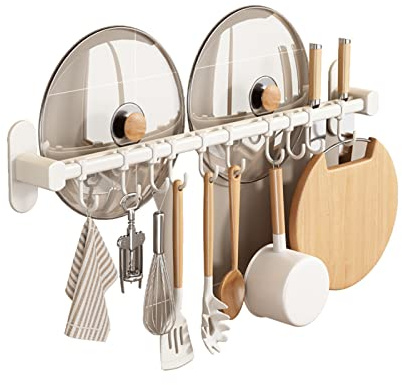 Support à ustensiles de Cuisine Mural avec 10 Crochets coulissants, Porte-Couteau Suspendu, Support pour casseroles et poêles de Cuisine, Blanc, 60 cm