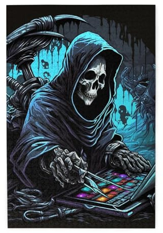 HERRECX 1000 Piece Jigsaw Puzzle - Skull Sickle Grim Reaper Play Game Cool Wood Puzzle for Adults Teens Family Game Educational Toys Gifts
