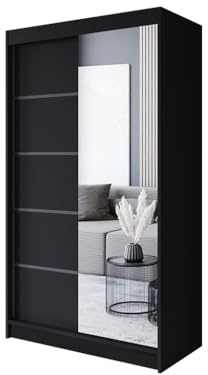 Easy4You P3 150 cm Schwarz Schiebetüren Kleiderschrank 150x200x58 cm mit Spiegel - Schlafzimmermöbel, Aufbewahrung - Mehrzweckschrank