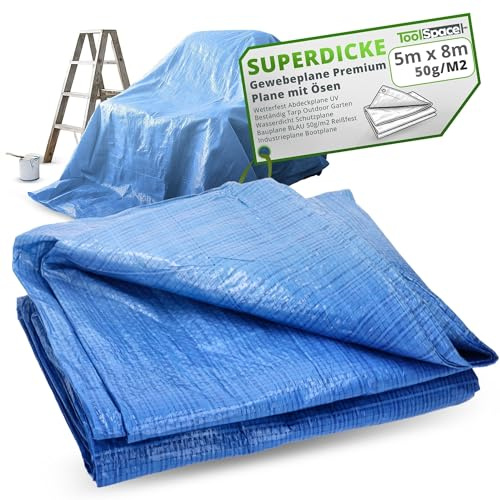 ToolSpace Telone in tessuto 5x8 m | blu 50g/m² | telone protettivo per barca telone in legno con occhielli | telone protettivo per costruzione
