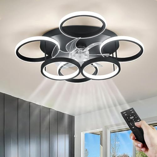 Qiaomao Ventilateur Plafond Silencieux avec Lumière 65cm Noir, 75W Dimmable LED Plafonnier Ventilateurs de Plafond avec Telecommande APP, 6 Vitesses Lustre Ventilateur Réversible pour Chambre Salon