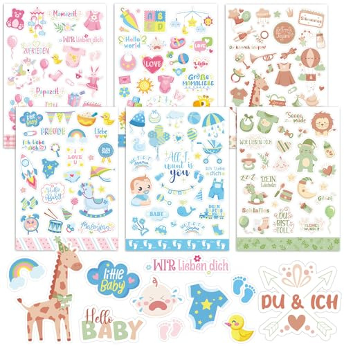 HOWAF 6 Bögen 230+pcs Baby Sticker Fotoalbum, Sticker Babyalbum Aufkleber für Babyalbum, Fotoalbum, Babyparty Gästebuch, Baby Geschenk Geburt Scrapbooking Aufkleber Set für Mädchen & Junge