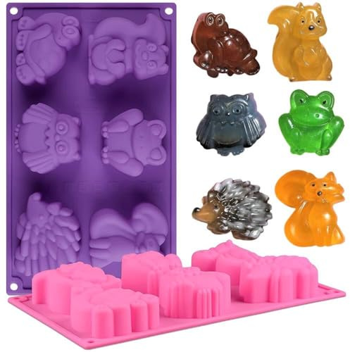 AJMDGW Lot de 2 moules à gâteaux en Silicone for Animaux de la forêt, Motif Safari, Grenouille, Renard, Tortue, hérisson, Hibou, écureuil, Chocolat, Bonbons, gelée, Savon, Crayon, Moule à glaçons