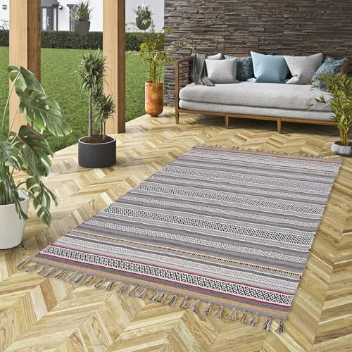 Pergamon Handgewebter Baumwoll Kelim Grace - Grau Beige - Pflegeleichter, Langlebiger Teppich - Ideal für Wohnzimmer, Flur und Küche - Nachhaltiger Naturteppich