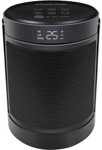 Russell Hobbs Space Heater in Black & Silver 1500W Silent Portable Oscillating Ceramic Round Electric Heater, Low Energy Digital Display, 4 Modes, 24hr Auto Timer, Overheat Protection, RHCH2002S