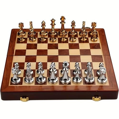 39 cm großes Schachspiel aus Metall, 2 zusätzliche Königinnen, faltbares Schachbrett aus Holz, handgefertigte Schachfiguren, Tischspiel für unterwegs/Gold (Gold)