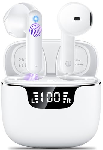 Wireless Earbuds Bluetooth 5.3 Headphones in Ear with 4 ENC Noise Cancelling Mics Ear buds HiFi Stereo Deep Bass Dual LED Display Bluetooth Earphones 42H Playtime Mini Case IP7 Waterproof USB-C White