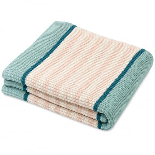 ReWu Melody Strickdecke 130x170 cm Rosa, Creme & Türkis | 100% Polyacryl, Weiche Sofa- & Tagesdecke, Leicht & Pflegeleicht, Strickdesign