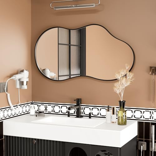 WEER Irregular Wall Mirror, 50x90cm Mantle Black Frame Cloud Shape | 3.2mm HD Asymmetrical Tempered Glass, Anti-shatter, Wavy Decorative For Living Room, Bathroom, Bedroom, Hallway Upgrade