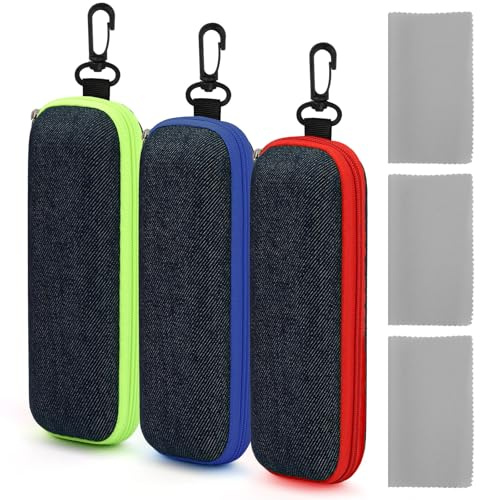 Deepton 3 Stück Brillenetui Hardcase, Sonnenbrillen Etui aus Denim-Stoff, Brillenetui Sonnenbrille mit Karabiner und 3 Reinigungstuch, Brillentasche für Gläser Schlüssel Stifte