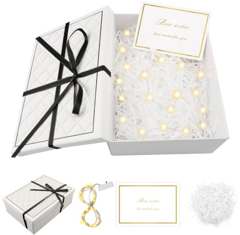 Geschenkbox mit Deckel, 25x18x8,5cm Geschenk Box mit Grußkarten Raffia | Dauerhaft Geschenkbox Geburtstag, Faltbare Geschenkkarton für Hochzeiten Weihnachten Jahrestag