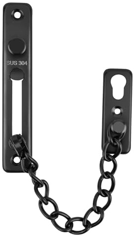 KRYVLEXA Heavy Duty Door Chain Lock - 304 Stainless Steel, Spring Loaded Pushbutton Latch, Child & Pet Proof, No-Drill Installation for Interior,Front,Hotel Doors (Black)