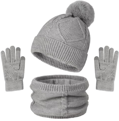 Enwokran Wintermütze Schal Handschuhe Set 3 Stück Damen Warme Fleece Gefütterten Beanie mit Pompom Runder Schal Nackenwärmer Touchscreen Fäustling für Ski 3-in-1 Winter-Set (Grau)