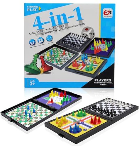 APOMOONS 4in1 Giochi Magnetici da Viaggio,Giochis da Viaggio Classici Magnetici Giochis Portatili da Viaggios Mini Giochi da Tavolo per La Famiglia, Le vacanze, La Festa