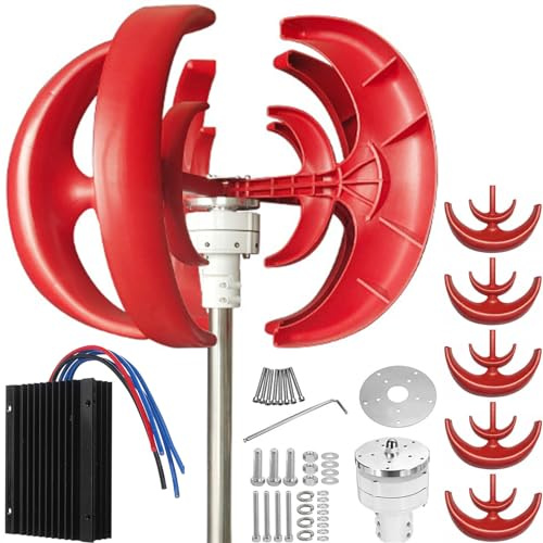 Aerogenerador de Eje Vertical de 1000 W, 12 V/24 V/48 V, Tipo Linterna, de 5 Palas, con Controlador y generador de imán Permanente para techos, Calles y autocaravanas. 24 V.