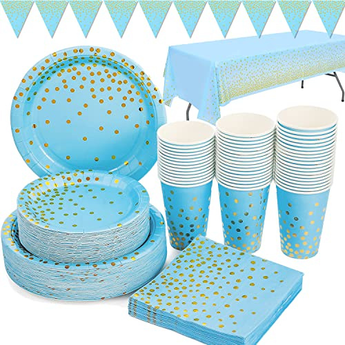 Duocute Cumpleaños Vajilla para Fiesta Oro Azul 99 Piezas Vajilla Juego Platos de Papel, Servilletas, Vasos, Mantel, Banner, para Cumpleaños de Niño, Baby Shower, Graduación, Jubilación-24 Invitados