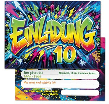 Junaversum 12 Einladungskarten zum 10. Kindergeburtstag Kinder Junge Mädchen Graffiti coole bunte Einladungen zehnte Geburtstag Geburtstagseinladungen Kids