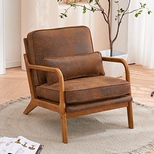 Bonnlo Accent Chair, Soild Wood Padding Lounge Armchairs, Occasional Reading Chair with Cushions and Lumbar Pillow, Armchairs for Living Room, Bedroom, Guest Room Leather, Brown