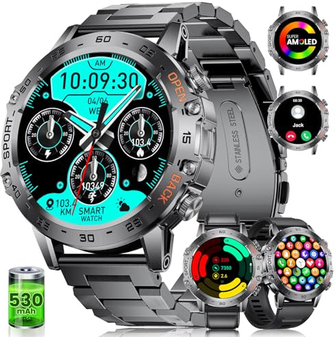 SUNKTA Smart Watch Men for Android iOS 1.43″AMOLED Bluetooth Phone Call Male Smartwatch 530 mAh Big Battery Black Steel,Heart Rate/Sleep/SpO2 Monitor,Steps,Music playback,100+ Sports Mode,3 Straps