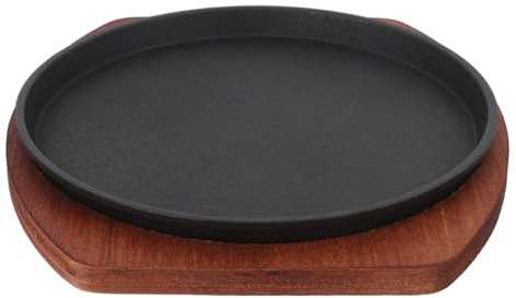 SHINEOFI Poêle à Griller Ronde 23 Cm avec Base en Bois, Antiadhésive, Résistante Haute Température, pour Barbecue et Plaques de Cuisson, Assiette à Steak Maison, Plateau de Service