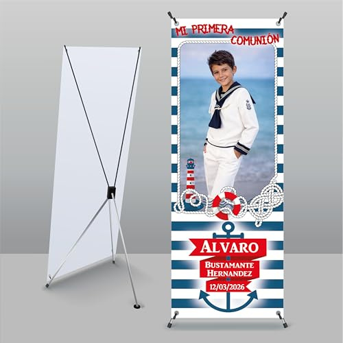 Photocall Personalizado Comunión Temática Marinero, 60 x 160 cm, X-Banner con Estructura y Funda, Rectangular, Lona, Plegable, 2 Piezas