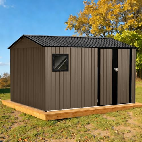 HOMAVO Metall Gartenhaus – Gerätehaus & Geräteschuppen für Gartengeräte, Fahrräder & Möbel – Wetterfest, große Türöffnung (Braun, 323.2 × 246 × 201.5 cm