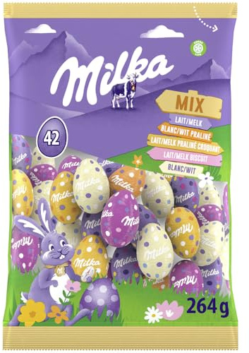 Milka Mix Ovetti di Pasqua al Cioccolato, Latte, Bianco, Pralinato, Biscotto, 42 Pezzi, 264g