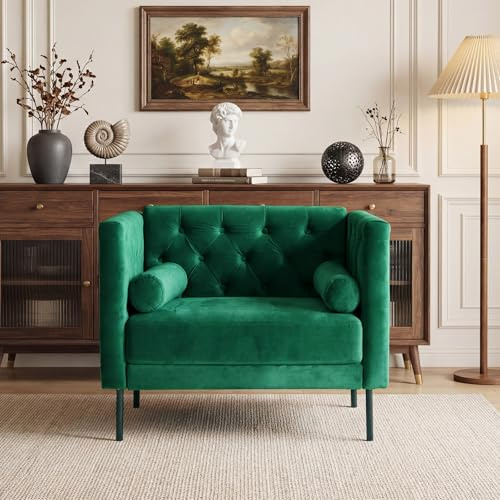 Chesterfield Oversized Accent Chair for Living Room, 38.6, Velvet, Green | Mid Century Luxury Upholstered Single Reading Armchair with Button Tufted Backrest, 2 Bolster Pillows for Study Bedroom, Club