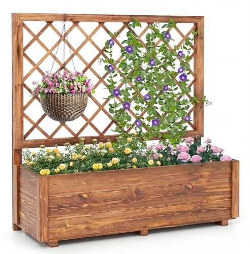 COSTWAY Wooden Planter with Trellis, Raised Garden Bed with Liner, Drainage Design & Removable Bottom Panels, Outdoor Trough Planter Box for Climbing Plants Vines (Brown, No Liner, 98 x 34 x 104 cm)