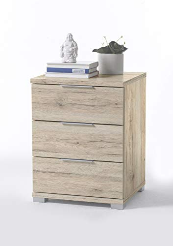 Stella Trading Universal Nachttisch in Eiche San Remo Hell Optik - Moderner Nachtschrank mit drei Schubladen für Ihr Boxspringbett - 46 x 61 x 42 cm (B/H/T)