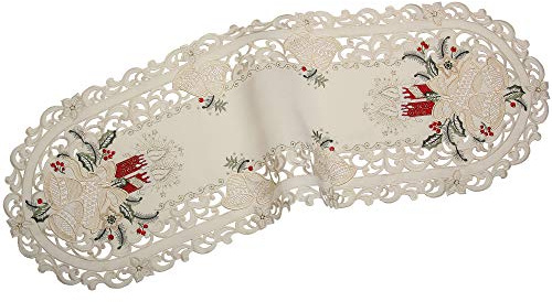 Bezaubernder Weihnachten Tischläufer/Tischdeckchen Creme-Weiß mit Rot Kerzen Glocken Stickerei - Größe wählbar (ca. 40 x 110 cm Oval)
