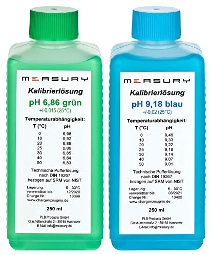 Measury pH Kalibrierlösung 6.86 + 9.18 - Pufferlösung je 250 ml Eichlösung | Kalibrierflüssigkeit Set Made in Germany, Eichflüssigkeit, kompatibel mit pH Messgeräten aller Marken