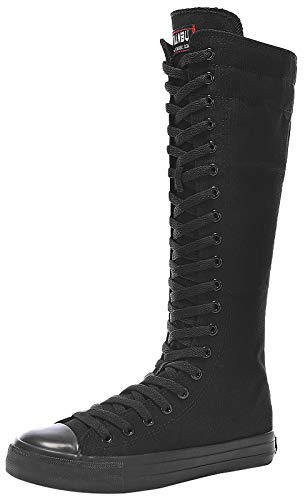 ANUFER Niña Mujer Rodilla Alta Botas de Lona con Cordones Cremallera Plano Zapatos Deportivos
