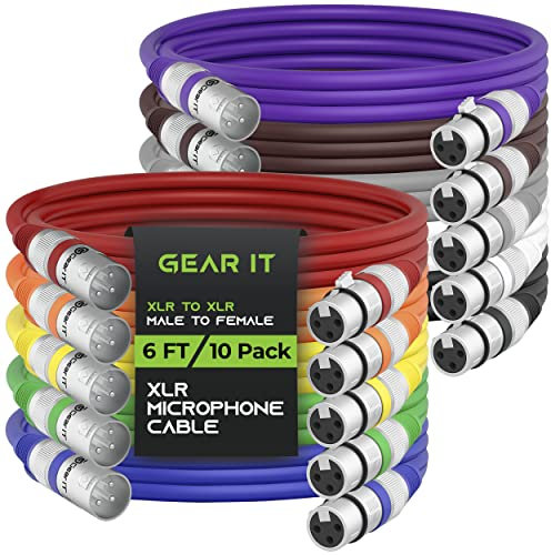 GearIT XLR Microphone Cable (6 Feet, 10 Pack) - Male to Female, Balanced Shielded XLR Cable for Mic Mixer, Recording Studio, Podcast - Multi Colored, 6Ft, 10 Pack