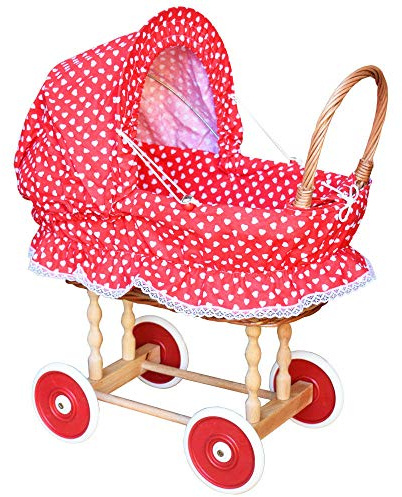 YULKA Weidenpuppenwagen, Handgefertigt, Rot mit Weißen Herzen, 45×28×50 cm, Naturweide und Holz, Ab 3 Jahre, Vintage-Design mit Verdeck