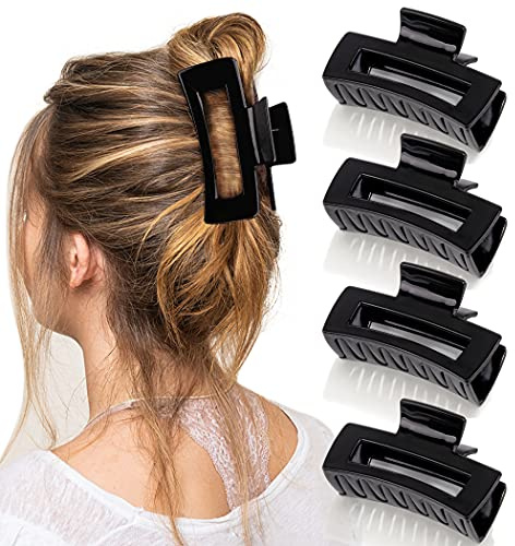 Canitor 4 PCS 4.1 Inch Black Hair Clips - Acrylic Rectangular Women's Barrettes, Jaw Clips for Thick and Thin Hair, Non-slip