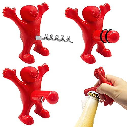 3 Stück Roter Mann Flaschenöffner, Weinflasche Stopper, Korkenzieher Stopfen Stopper Set Lustiges Geschenk für Weihnachten
