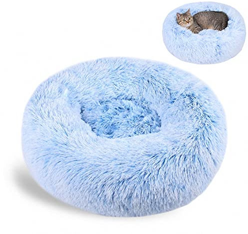 Nyescasa Katzenbett Rund Donut Hundebett Kissen Fluffy Plüsch Haustier Bett Weich Warm wasserdicht rutschfest waschbar Cuddler Nest für Kleine, Mittelgroße und Große Hunde, Katzen(L 60cm Ø, Blau)