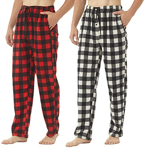 YUSHOW 2er Pack Pyjamahose Herren Lang Fleece Karierter Schlafanzughose Winter Warme Bequeme Schlafhose Pyjama/Lounge Bottoms mit Tachen