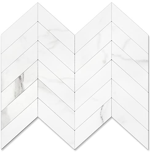 STICKGOO 10 Blatt Fischgrätenfliesen zum Abziehen und Aufkleben, weißer Marmor-PVC-Stick auf Rückwand, selbstklebende Wandfliese für Küche und Badezimmer