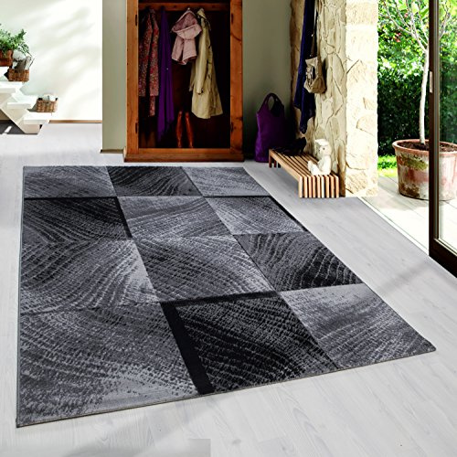 HomebyHome Teppich 140x200 cm Schwarz Kurzflor Abstrakt Karo Design Moderner Teppich für Wohnzimmer Schlafzimmer Flur Küche Esszimmer Kinderzimmer Pflegeleicht Weich
